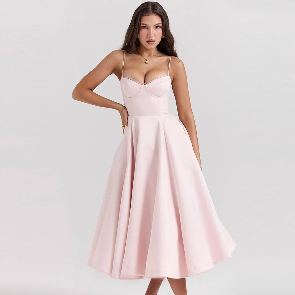 Suninheart verão longo vestido de noite elegante 2025 recém chegados cinta espaguete espartilho bustier vestido de baile de cetim feminino