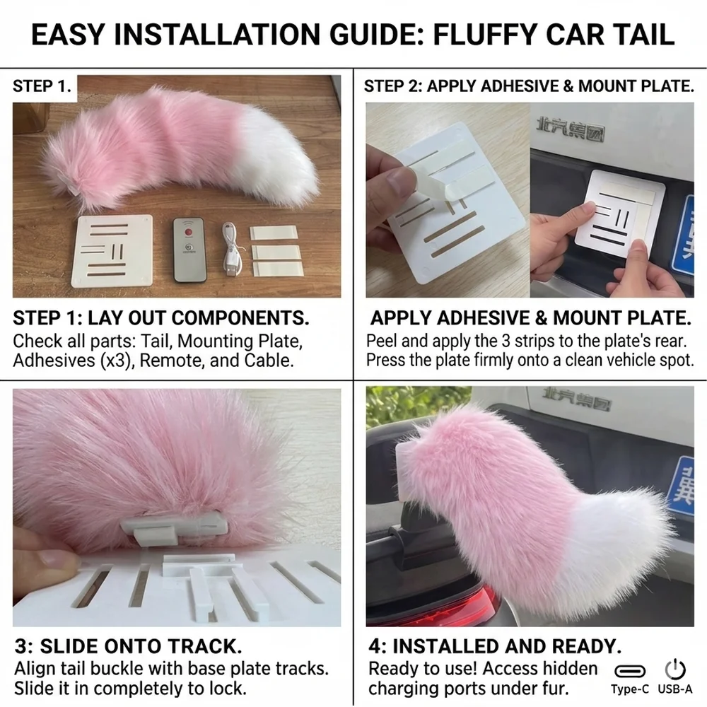 Coda Decorativa Kawaii per Auto e Moto, Coda Svolazzante per Scooter Elettrico, Coda Ricaricabile in Peluche Morbido per Auto - immagine 6