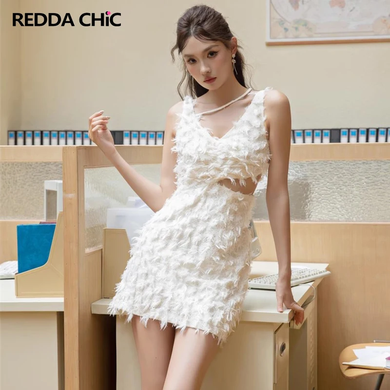 

ReddaChic Elegant V Neck Hollow-out Feather Mini Dress for Women White Fringe Sleeveless Backless Summer One-piece Bodycon Dress