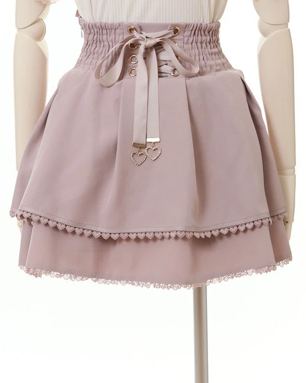 Japanese Mine Double Butterfly Braid Buckle Leather Ring High Waist Skirt Shorts Women Liz Sweet Pink Lace Pleated Short Skirt