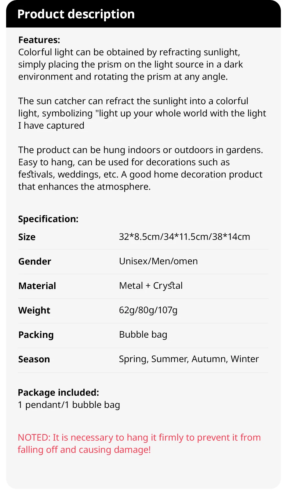 Description Picture 2 of item1 Pc Gold Air Frame Crystal Suncatcher Wind Chime Hanging Indoor Outdoor Garden Lighting Ornaments Wedding Party Decoration