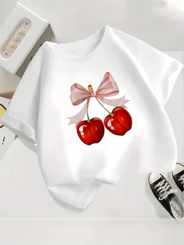 Girls' Casual Short Sleeve Round Neck T-Shirt Summer with Fabric Playful Casual Shirts for Girls Cherry Graphic Tee Comfortable 1