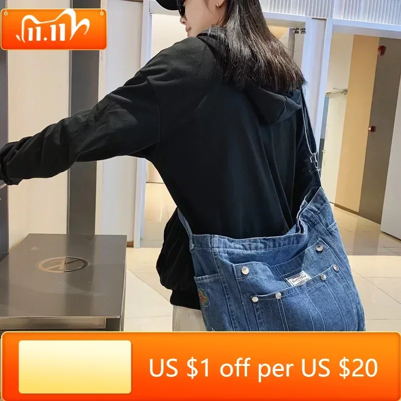 

Denim Shoulder Bags Canvas Embroidery Totes Female Packages Large Capacity Leisure Or Travel Bag For Women Book Bag