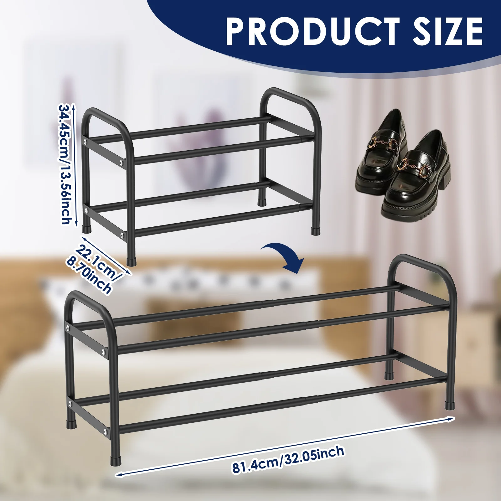 Rack de sapatos expansível de 3 camadas, economizador de espaço, rack de armazenamento de sapatos de metal ajustável, casa, interior, quarto, organizador de sapatos, entrada