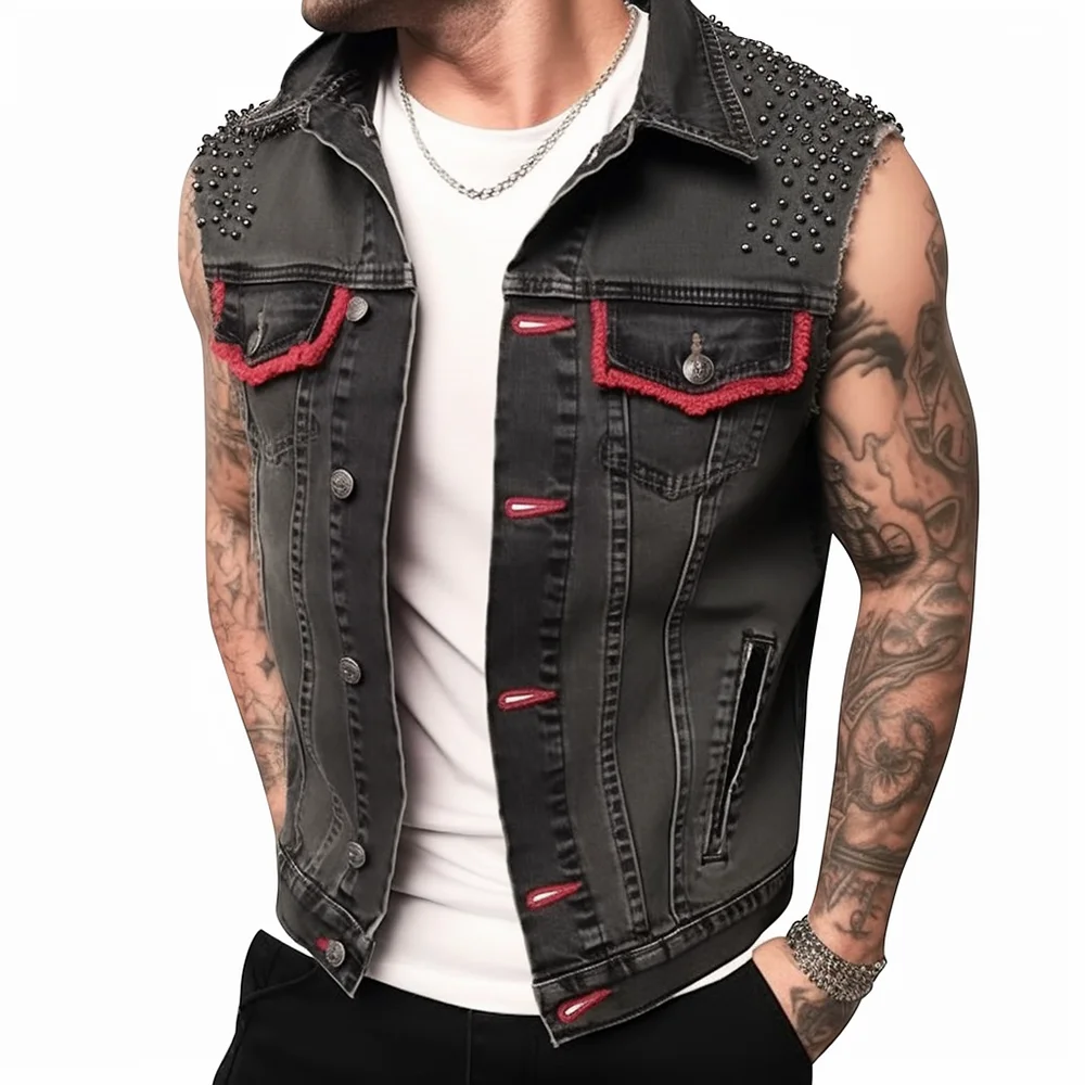 

Men's Vintage Punk Denim Vest Sleeveless Jean Jackets with Rivets