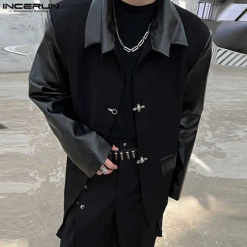 

INCERUN Tops 2023 Korean Style New Men Metal Buckle Splicing Blazer Fashion Male Imitation Leather Long Sleeved Suit Coats S-5XL