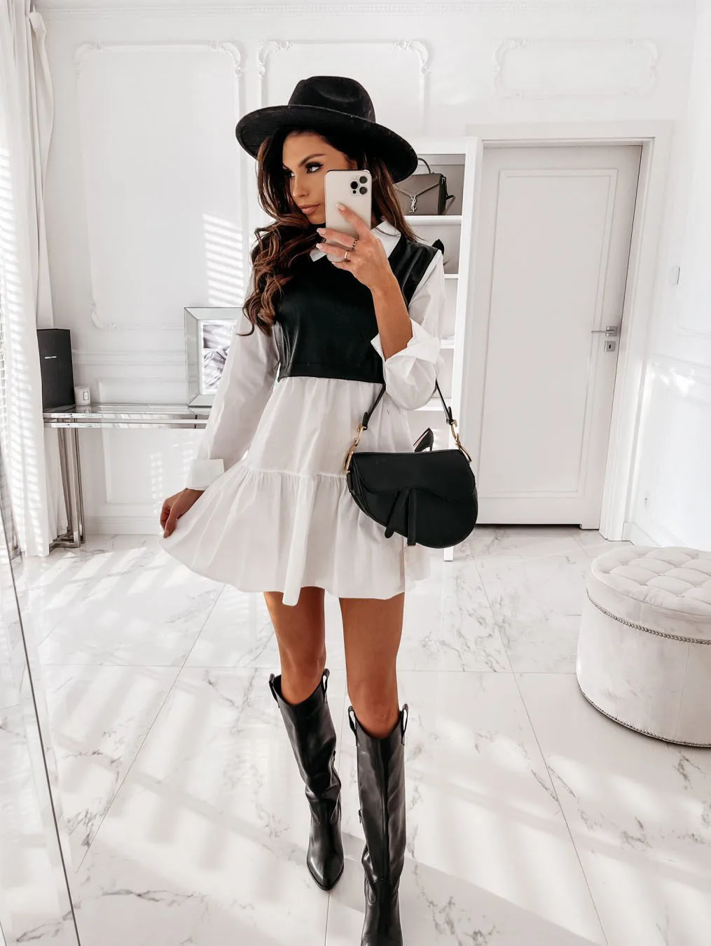 Plaid Shirt Casual Vestidos Long Sleeve White Short Dress For Women Summer PU Leather Patchwork Sweet Office Ladies Mini Dresses