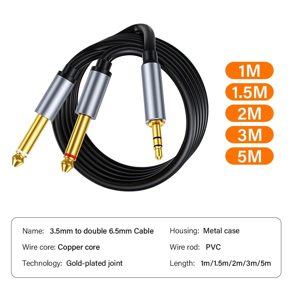 Premium Stereo to Mono Y Splitter Audio Cable - 3.5mm to Dual 6.35mm TS Connectors