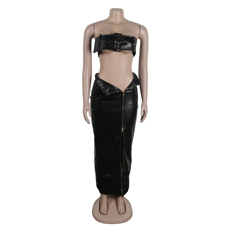 Sexy Separate Two-Piece Suits Women Wrap Hip Pencil Long Skirt Ultra Short Metal Buckle Tops Female Nightclub Patent Leather Set
