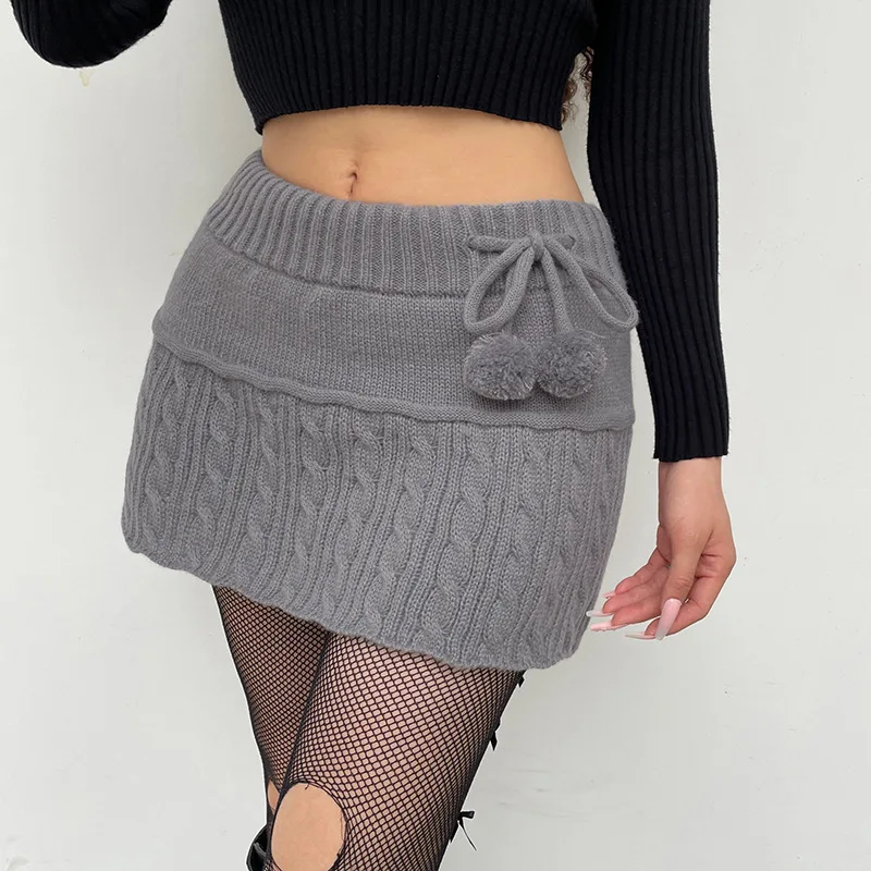 

Womens Knitted Low Waist Skirts Y2K Short dress Preppy Cute Girl Streetwear Aesthetic Fairycore Drawstring 2022 Autumn Winter