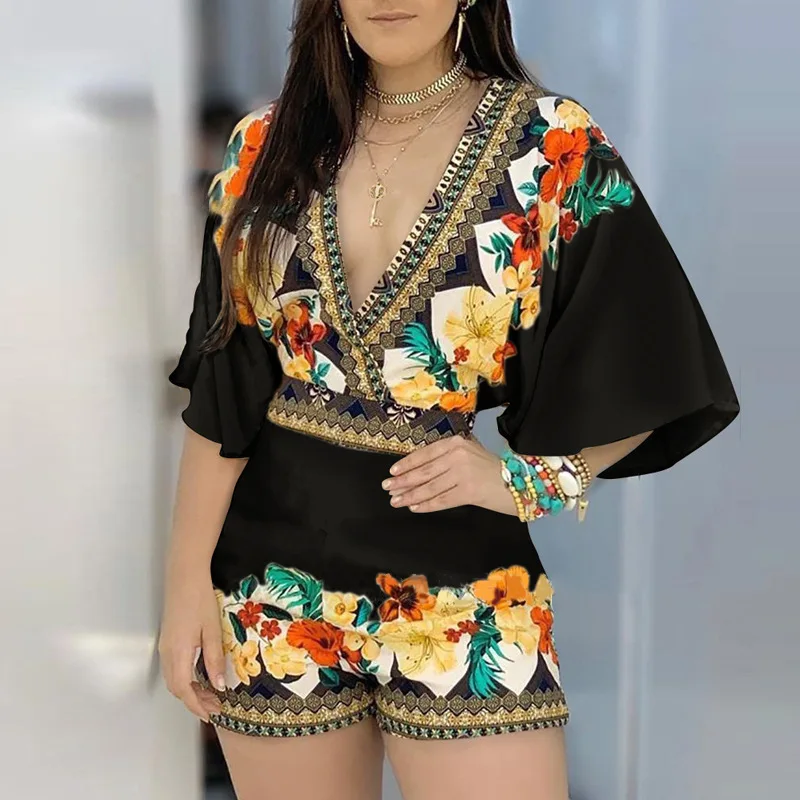 Women One Pieces Bodysuit Women Fashion Elegant Jumpsuit New Summer Floral Print Flare Sleeve V-Neck Casual Jumpsuits for Women