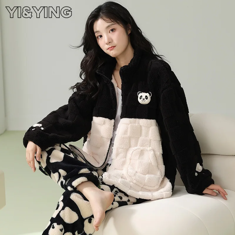 

[YI&YING] 2023 New Coral Fleece Pajamas Women's Autumn and Winter Plush Thickened Cute Style Flannel Home Fur WAZC319