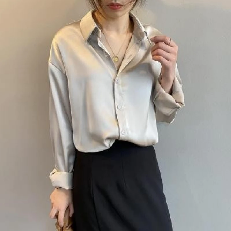 Silk Button Up Shirt for Women Office Lady