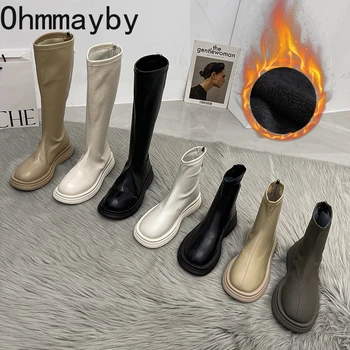 2022 Women Long Boots Thick Sole Ladies Zipper Knight Flats Heel Boots Fashion Knee-high Boots Keep Warm Plush Winter Shoes 1