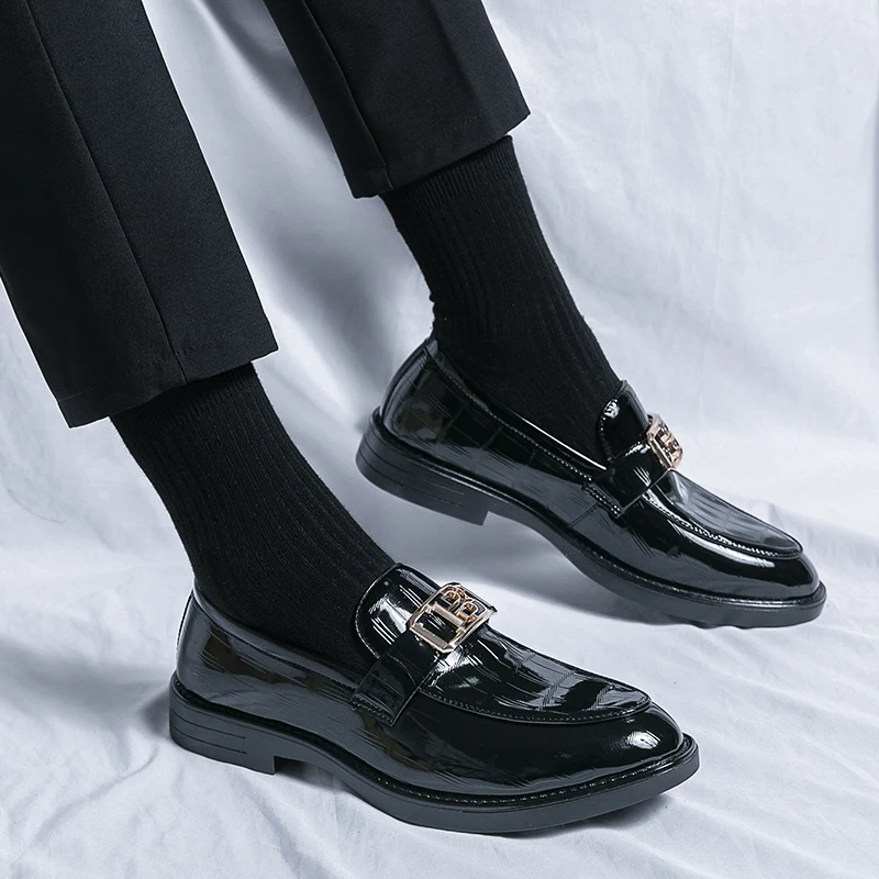 New Loafers for Men Patent Leather Stone Pattern Slip-On Round Toe Wedding Shoes for Men Size 38-45 Men Shoes