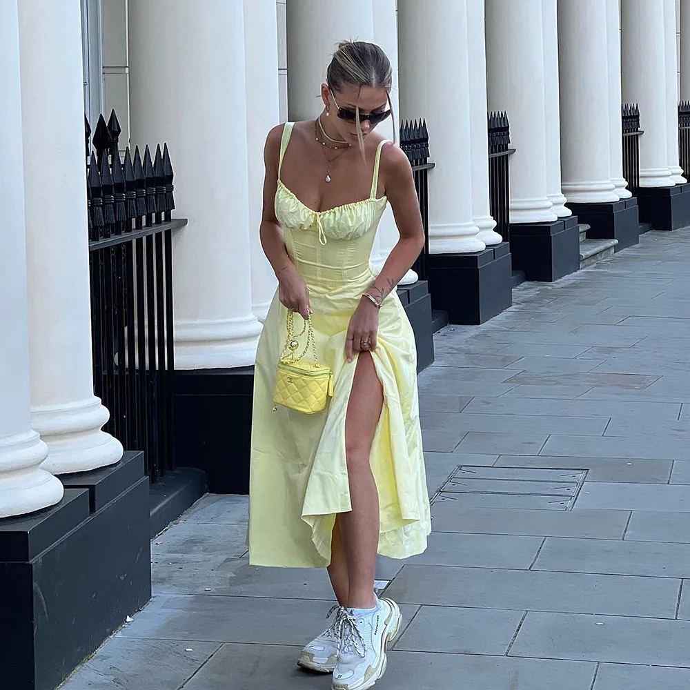 

Summer Fashion Solid Split Long Dress Sexy Low Chest Sleeveless Back Bandage Backless Dresses Elegant Casual Maxi Dress 2024 New