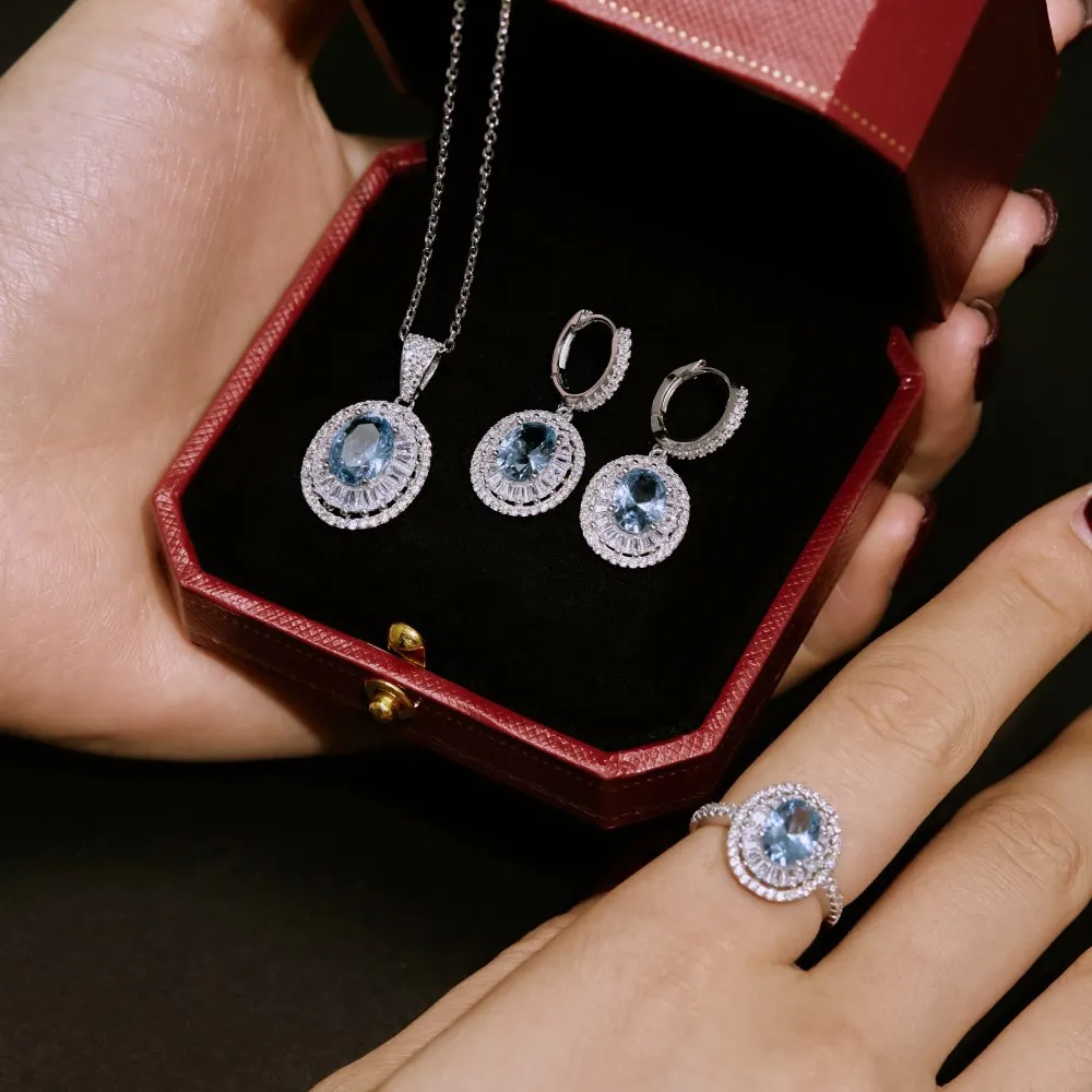 

S925 Silver Jewelry Set Women Blue Diamond Necklace Earstuds Oval Ring Female Shiny 5A Zircon Luxury Jewelry Gift Gift Lady