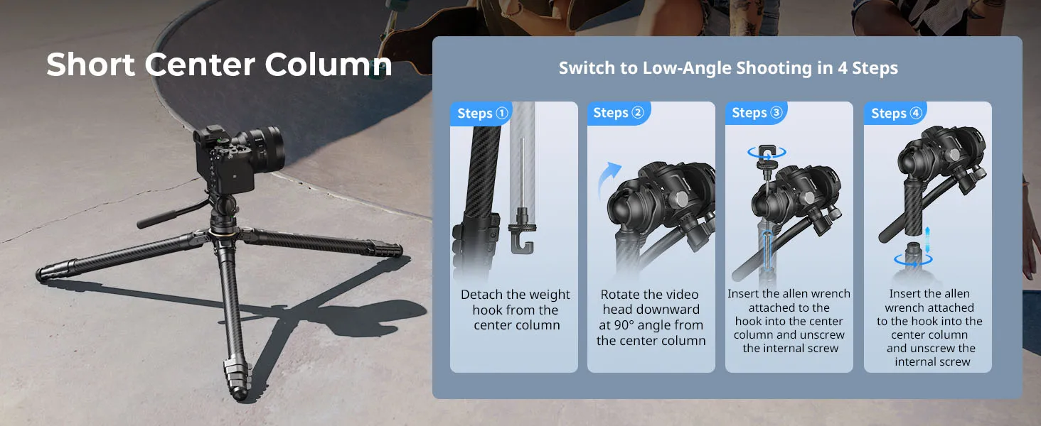 Portable Carbon Fiber Travel Tripod Kit with Tripod Head Short Center Column for