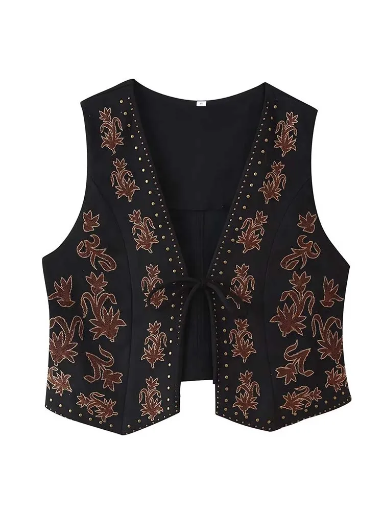 Women Fashion Embroidery Vest Suede Texture V-neck Waistcoat Sleeveless High Street 2025 New Vests Coat Female Tank Top