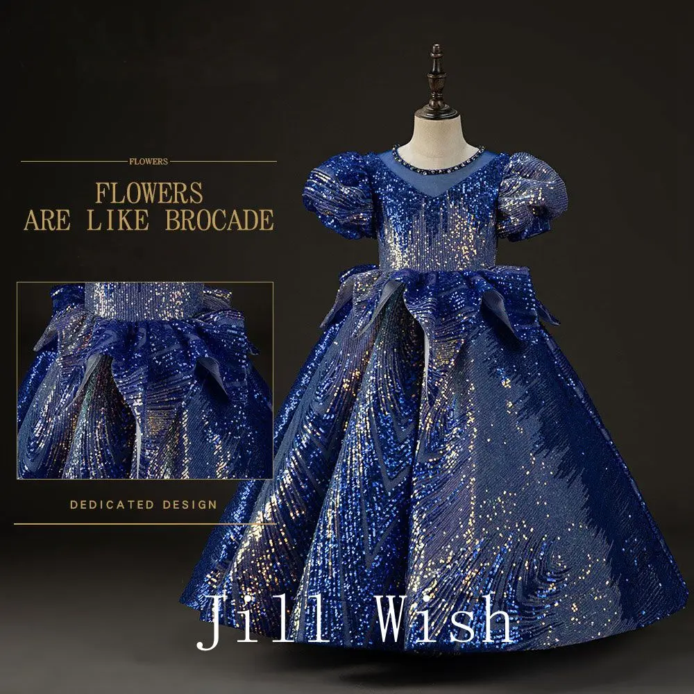

Jill Wish Роскошные блестящие Дубаи темно-синие платья для девочек вечернее платье принцессы 2023 Арабские дети День рождения Свадьба Вечеринка конкурс J039