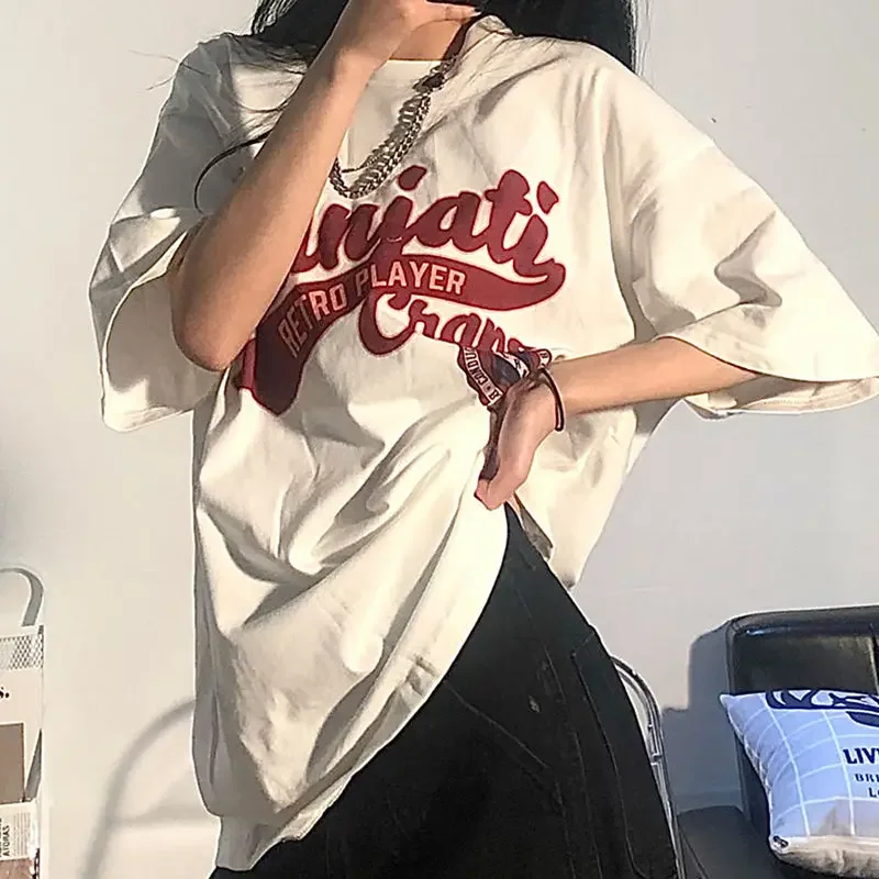 Women's Vintage White T Shirt Short Sleeve Harajuku Tees Streetwear Korean Top Oversized Loose Y2k Summer Fashion 3