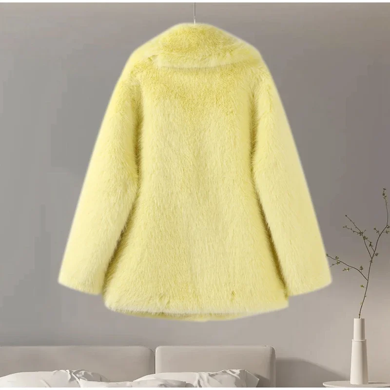 Luxury Women's Brown Faux Fur Coat Lapel Mid-Length Loose Imitation Plush Furry Buckle Overcoat Winter Lady Thick Warm Outwear 12 Luxury Women's Brown Faux Fur Coat Lapel Mid-Length Loose Imitation Plush Furry Buckle Overcoat Winter Lady Thick Warm Outwear