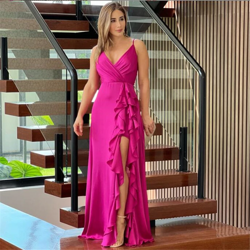 

New summer halter v-neck high waist flounces irregular slit dress Silky chiffon full-length floor-length dress with sexy texture