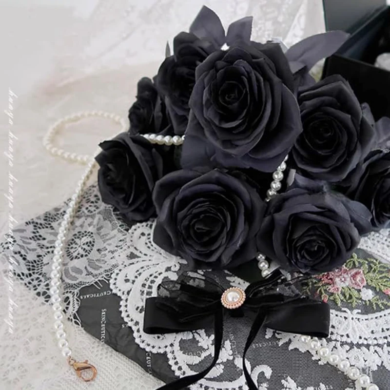 10 black rose faux flowers with stem silk flowers bridal Gothic wedding bouquet suitable for home office hotel decor