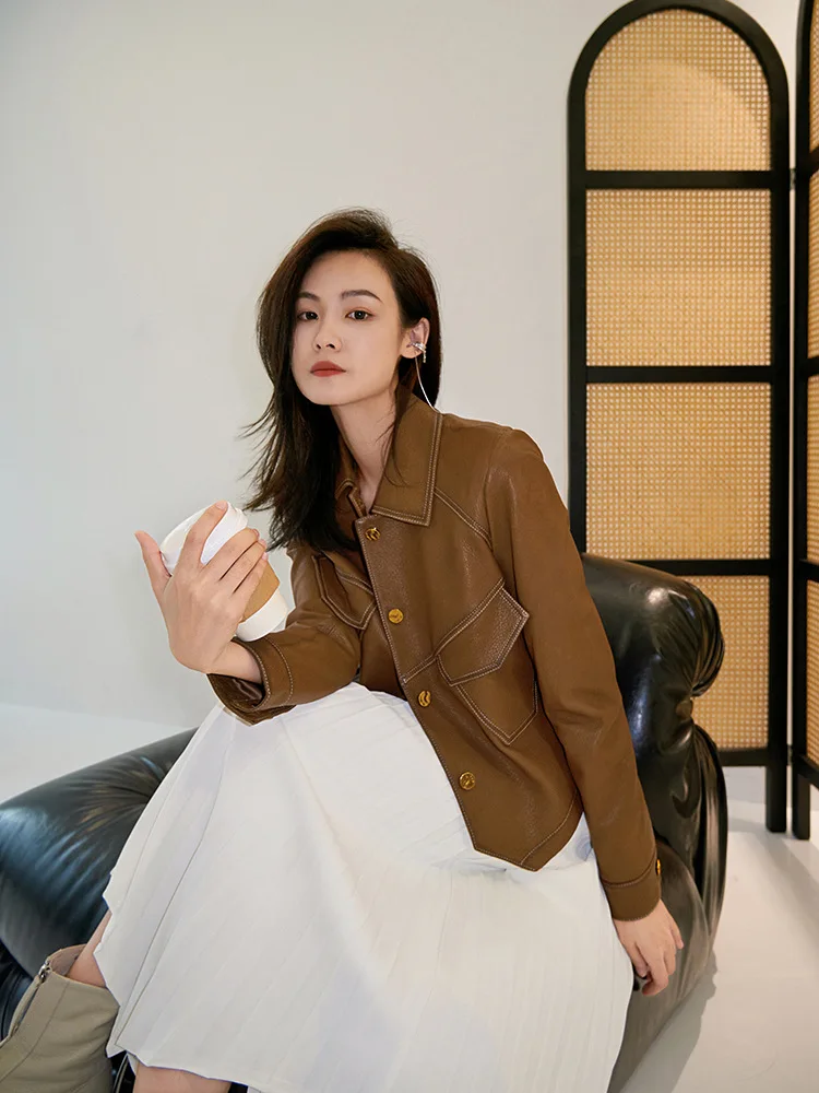 Women's Lapel Leather Coat, Short Genuine Leather Jacket, Sheep Skin Outerwear, Spring and Autumn