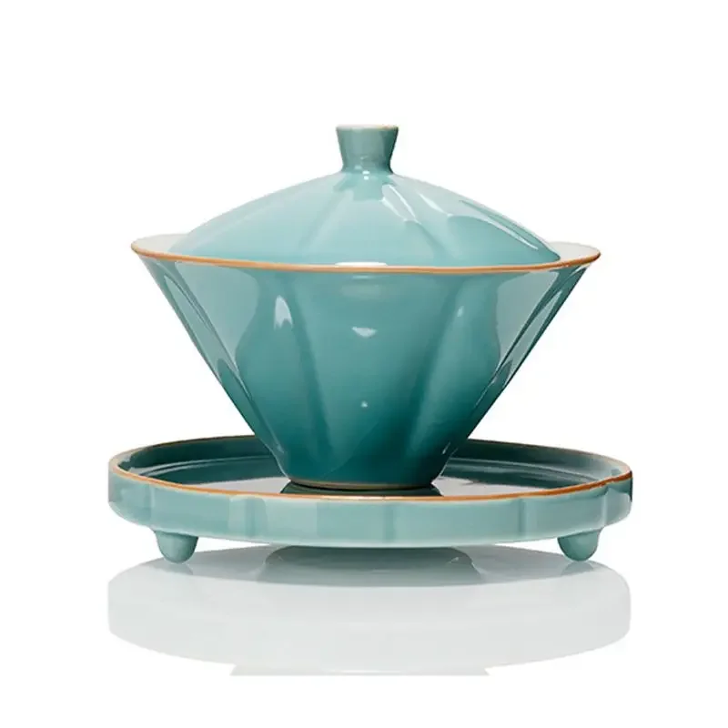 Jingdezhen-Ceramic Tea Cup with Bamboo Hat, Traditional Handmade Tea Ware, Single Bowl, Kung Fu with Lid, Sancai Gaiwan