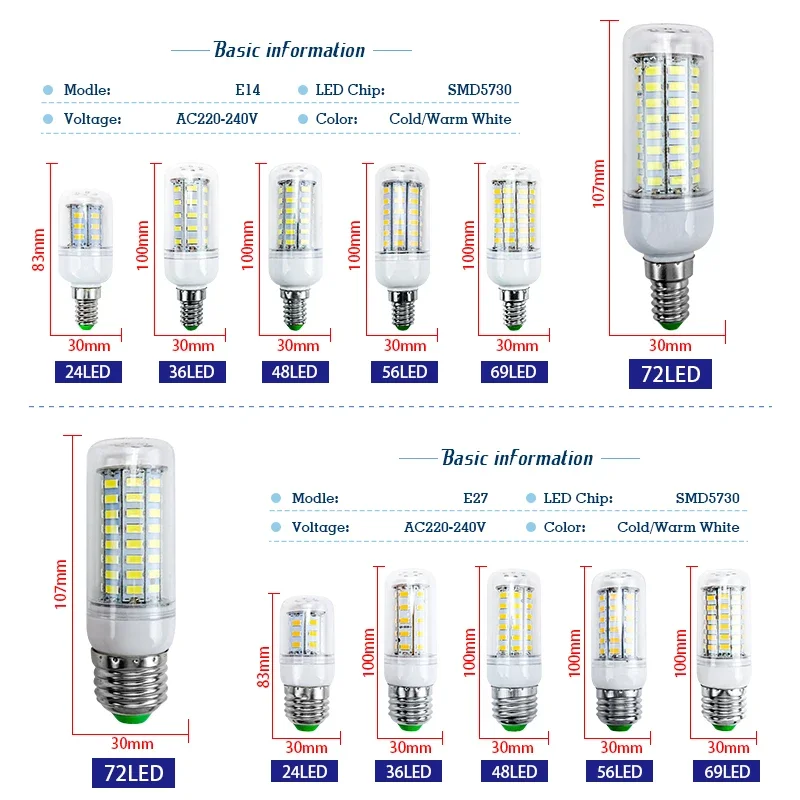 LED 전구 램프, E27, E14, 220V 옥수수 전구, 24, 36, 48, 56, 69, 72LED, 5730SMD Lampada, LED 다이오드 램프, 가정용 에너지 절약 조명
