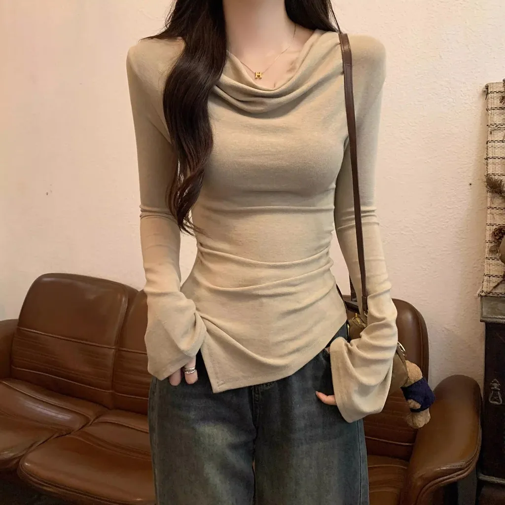 Women Slim Fit Long Sleeve Top Cowl Neck Off Shoulder Irregular Hem Bodycon Tee Casual Y2K Streetwear Blouse 1