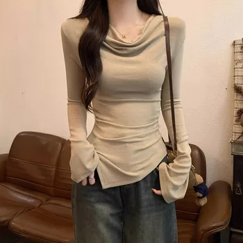 Women Slim Fit Long Sleeve Top Cowl Neck Off Shoulder Irregular Hem Bodycon Tee Casual Y2K Streetwear Blouse 1