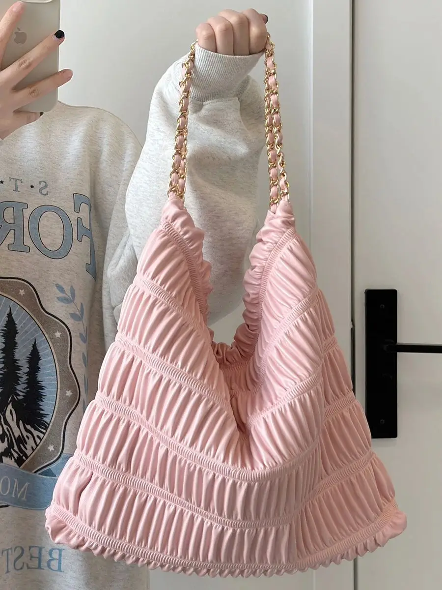 New Fashionable Canvas Pleated Bucket Shaped Women's Bag With Large Capacity Shopping Bag Casual And Simple Fashion Shoulder Bag