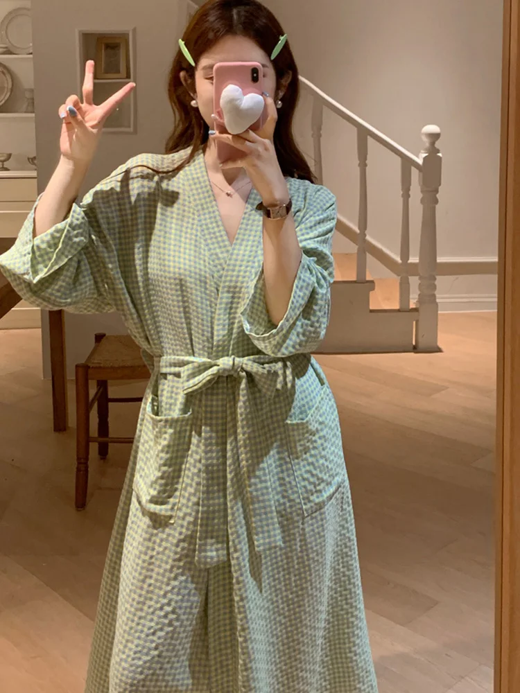 Home Soft Summer Stripe Long Sleeve Plaid Sleepwear Women Elegant Casual Long nightgown Korean Style Simple Sweet Sleep Tops Ins,women sleepwear