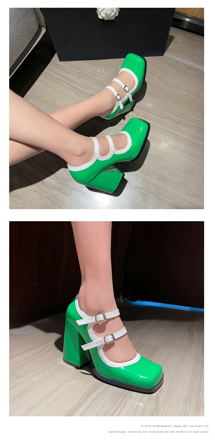 Double Breasted Oversized Sexy High Heels Glossy Patent Leather Super Chunky Heel Square Toe Breathable Cutout Pumps