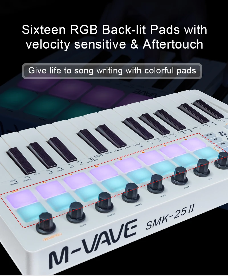 MIDI Pad Controller MIDI Control Keyboard 25 Key USB Mini 16 RGB Drum Pads 8 Knobs With Music Production Software Included M-VAVE SMK-25 II