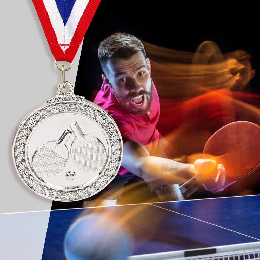 5cm Ping Pong Medal Gold/Silver/Bronze Medal with Neck Ribbon Sports Medals Metal Winner Medals for Marathon Ball Games