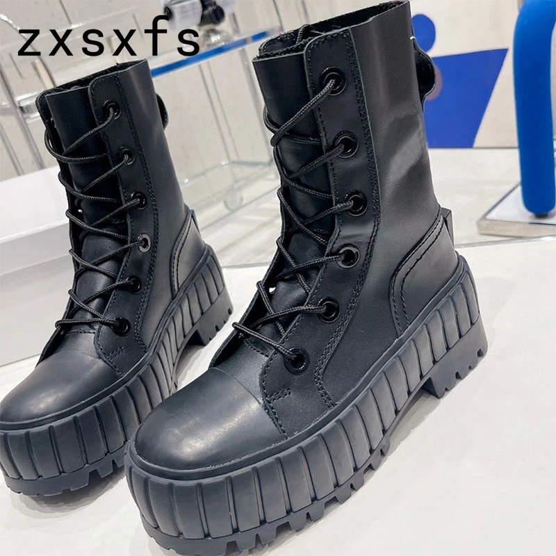 

Lace Up Genuine Leather Ankle Boots Thick Sole Platform Shoes Woman Round Toe Boots Femme Square Heels Black Boots Women