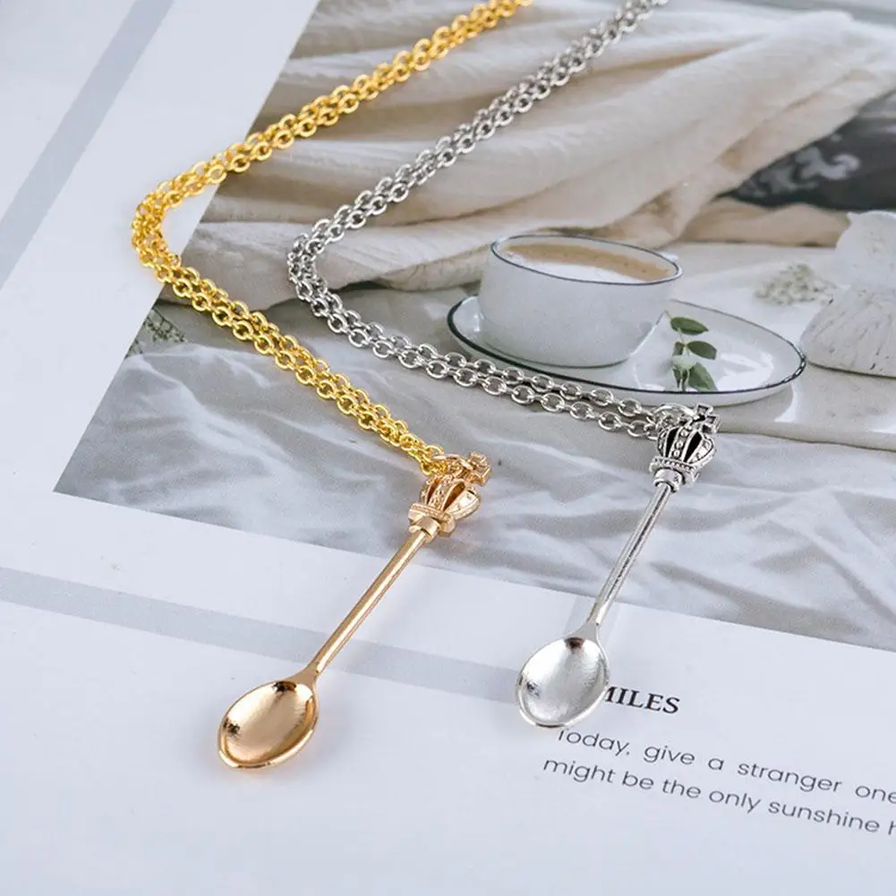 

Tiny Tea Spoon Shape Pendant Necklace With Crown For Women 3 Colors Creative Mini Long Link Jewelry Spoon Necklace