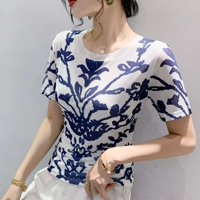 

Minimalist Commuter 2024 Summer New Women's Pullovers Crew Neck Printed Spliced Gauze Short Sleeve Elegant Slim T-shirt Tops