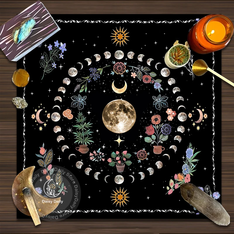 Botanical Moon Flower Tarot Tablecloth Triple Moon Altar Cloth Alter Cloth For Spread Tarot Reading Witchy Home Decor table cloth,tarot card table cloth,tarot tablecloth