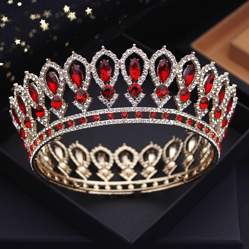 

Baroque Circle Wedding Crown Red Crystal Tiaras Headdress Royal Queen Bride Diadem Girls Prom Jewelry Hair Accessory Pageant