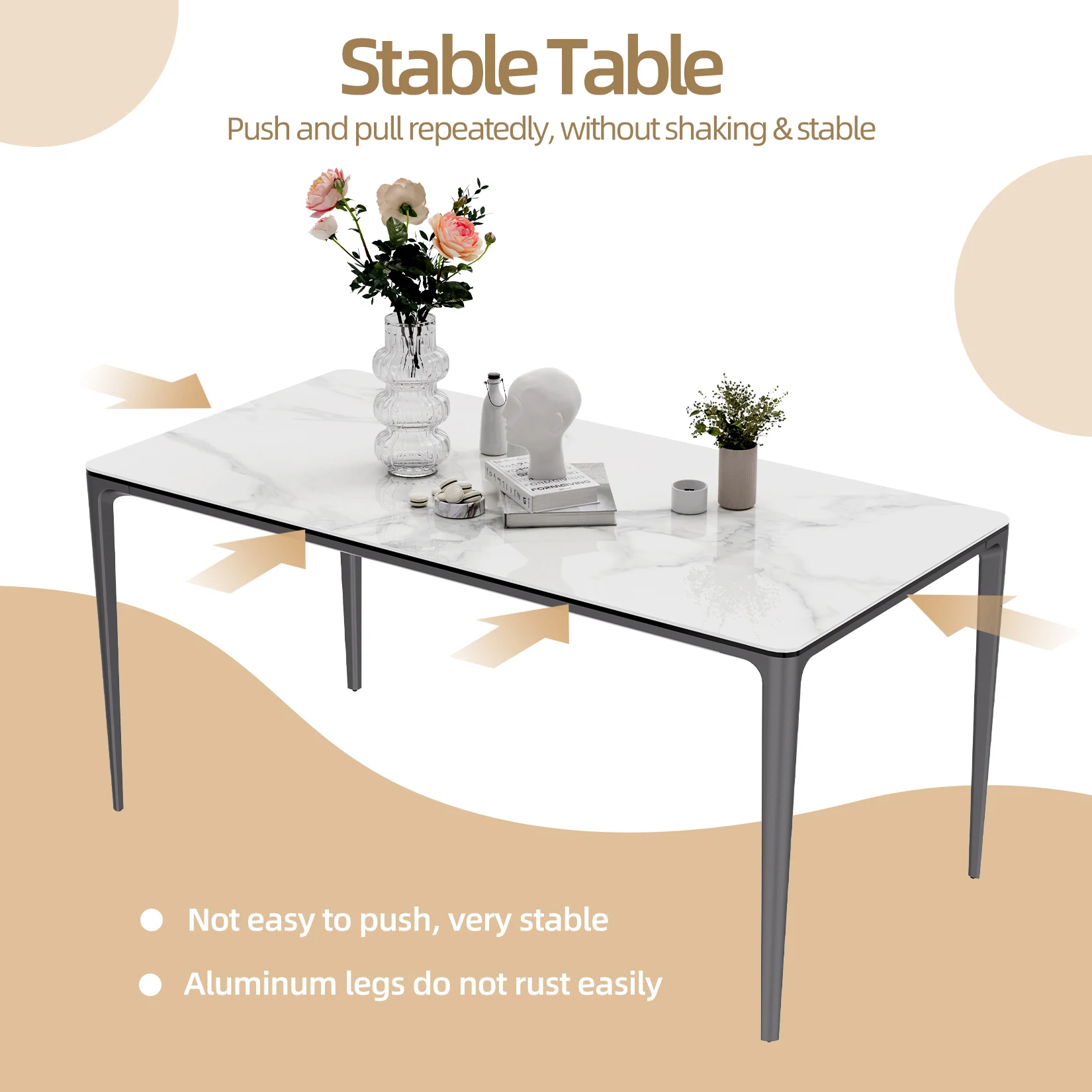Description Picture 6 of itemExtra Large Rectangle Kitchen Dining Table White Marble Top Heavy Aluminum Frame Island Table for 6-8 People No Chairs