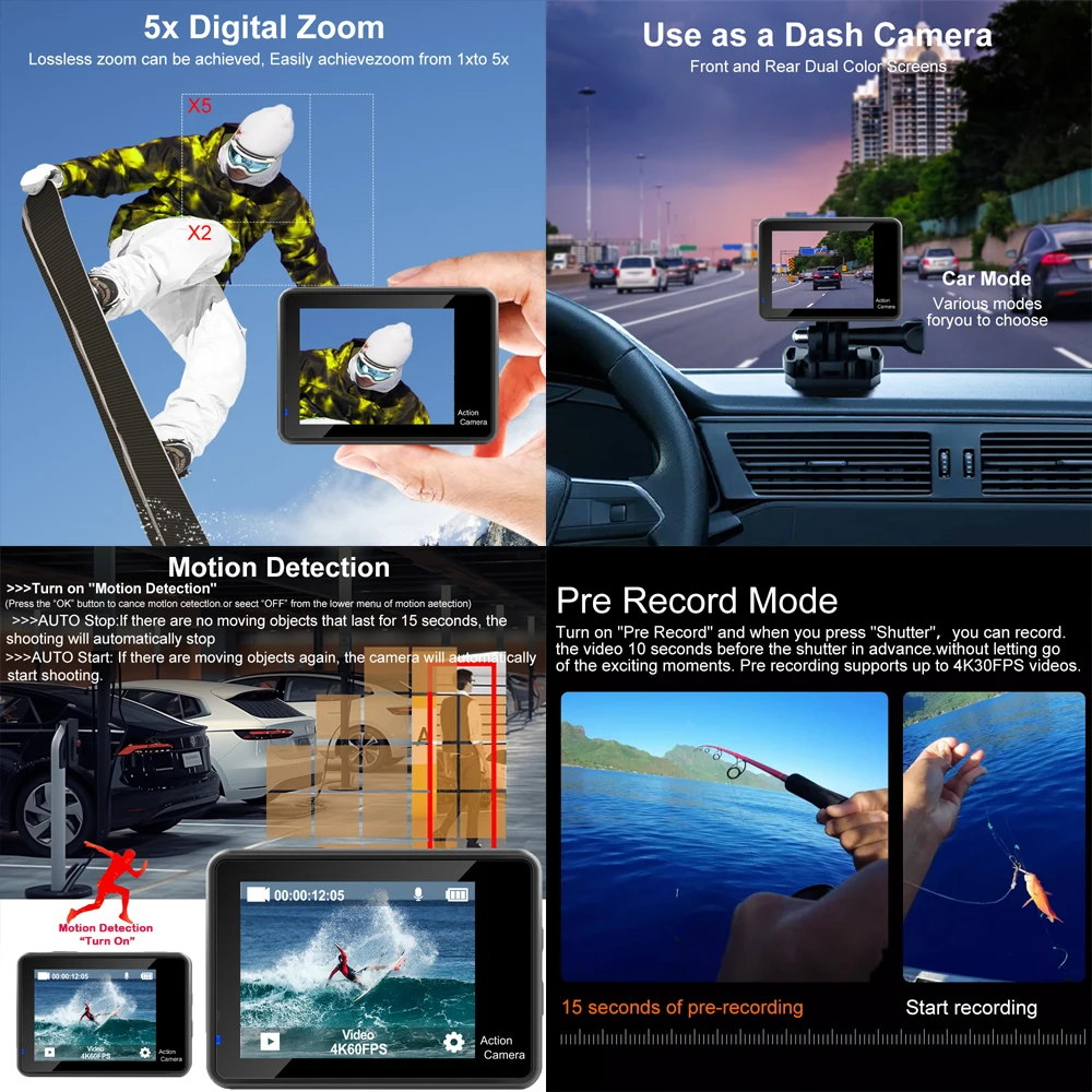 5K 4K60FPS Action Camera Dual IPS Touch LCD EIS 170° DVR 30M Waterproof 5X Zoom Sport Camera With Wireless Mic&Remote Control 5
