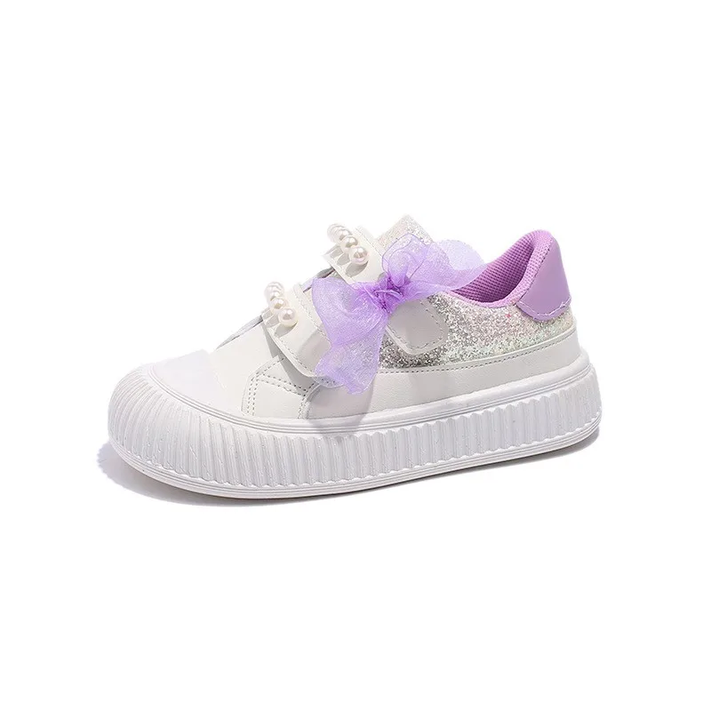 

CUZULLAA Spring Children Girls Elegant Lace Bowtie Casual Shoes Fashion Sneakers Kids Girls Pearl Beading Flats Size 26-36