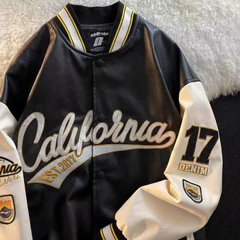 PU Leather Varsity Bomber Jacket Embroidery Pilot Baseball Jacket Men Hip-Hop Streetwear Women 2024 New Harajuku Loose Coats 1