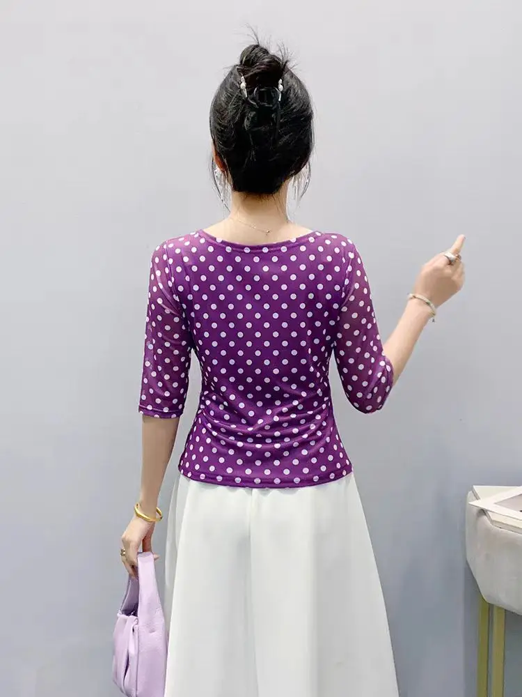 Summer Half Sleeve T-shirts Women Print Polka Dots Mesh Tops Girl Irregular Sweet Tshirt 2