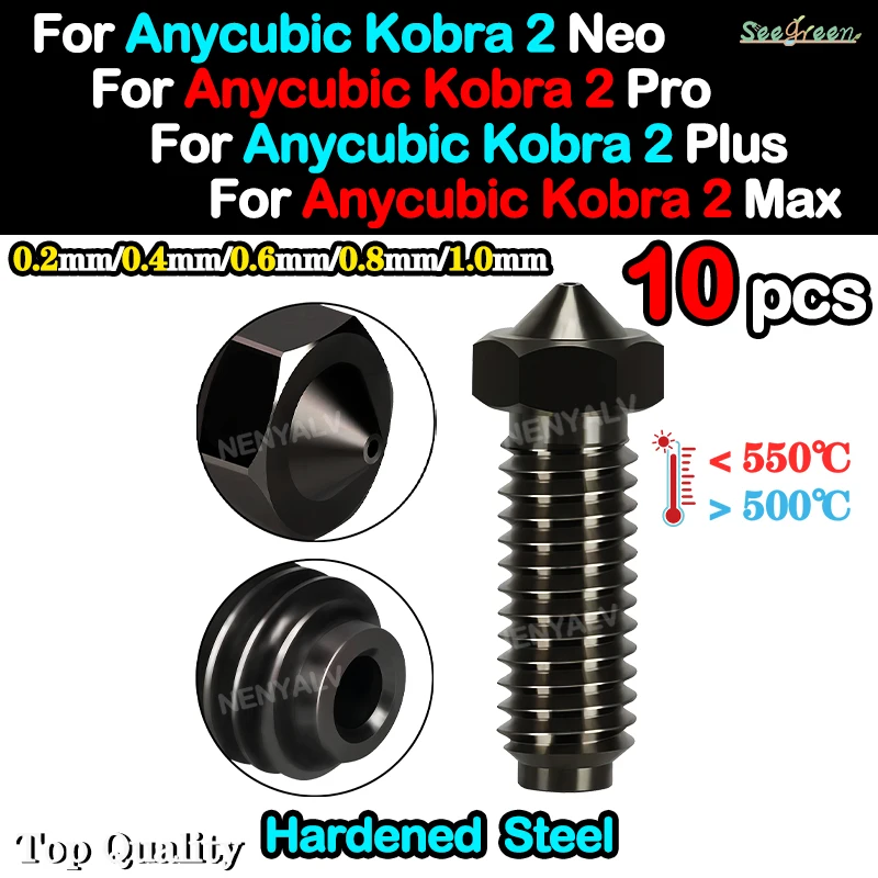 10 Pz Per Anycubic Kobra 2 Ugelli Neo Vulcano Flusso Ad Alta Precisione 0.2/0.4/0.6/0.8/1.0Mm Temprato Per Anycubic Kobra 2 Pro