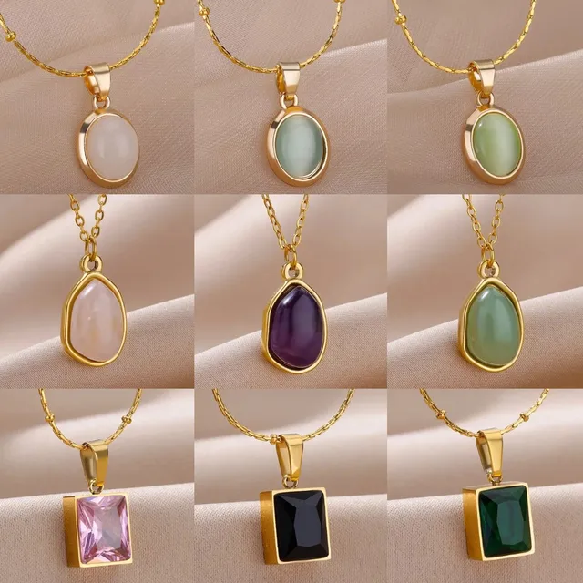 Collier ovale en pierre colorée pour femmes, en acier inoxydable, couleur or, opale verte, pendentif, bijoux esthétiques, Gif 1